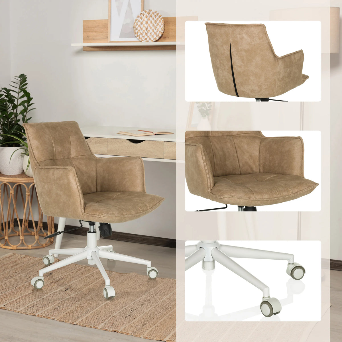 Beige Home Office -toimistotuoli SOLAO LIFE W, jossa on valkoinen ristijalka ja pyörät, valmistaja hjh LIVING