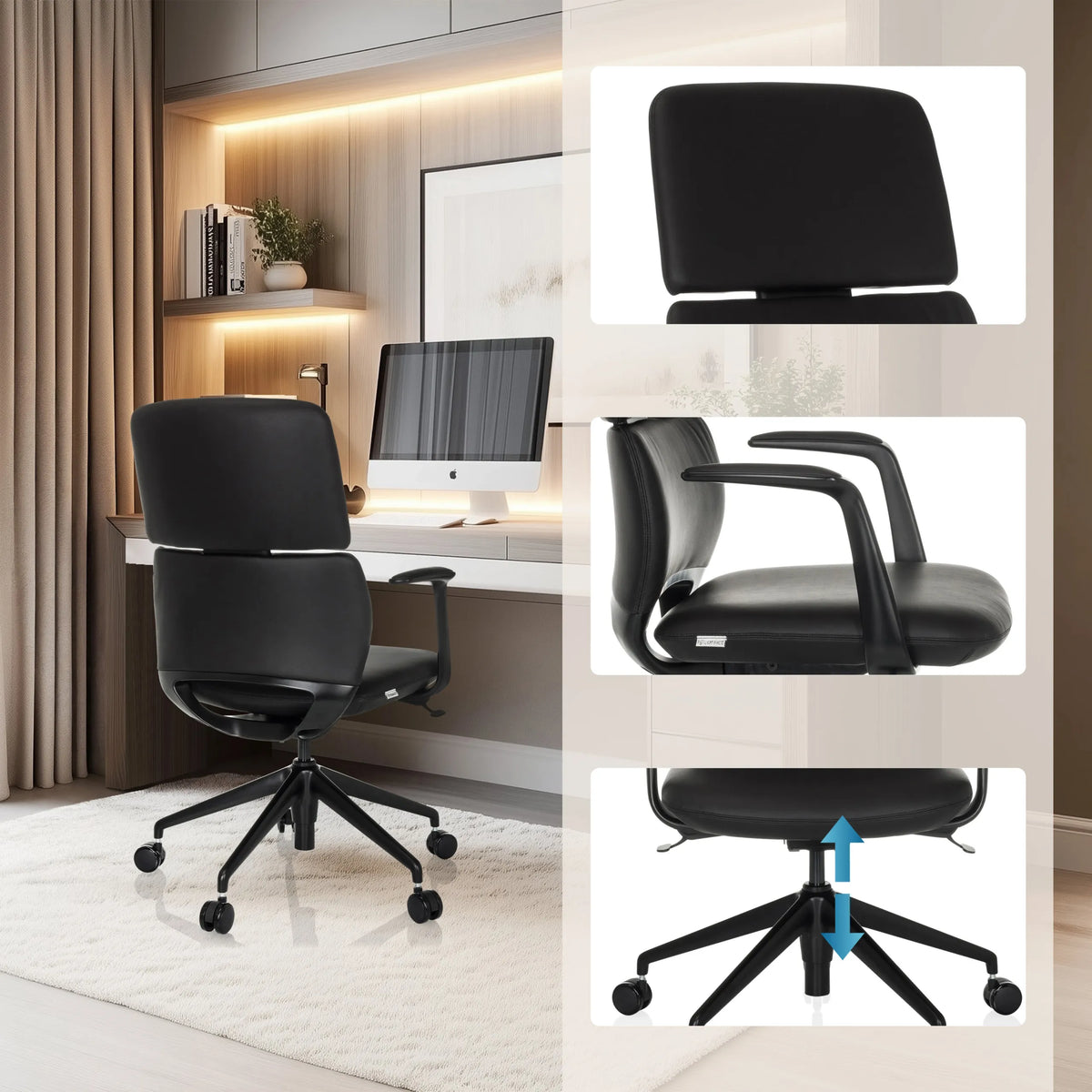 Musta ammattitason toimistotuoli ATMOS DESIGNER, jossa on säädettävä istuinkorkeus, käsinojat ja niskatuki, valmistaja hjh OFFICE