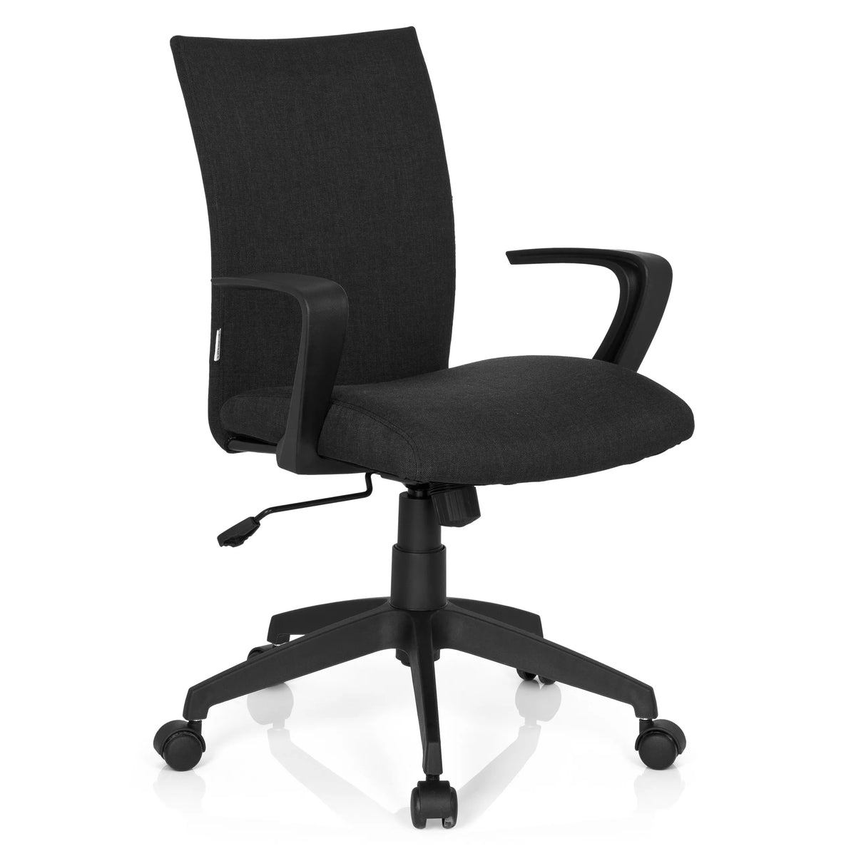 Musta Home Office -toimistotuoli SOFT käsinojilla ja viisipyöräisellä jalustalla, valmistaja hjh OFFICE – 360 asteen näkymä (etuviistonäkymä 40°)