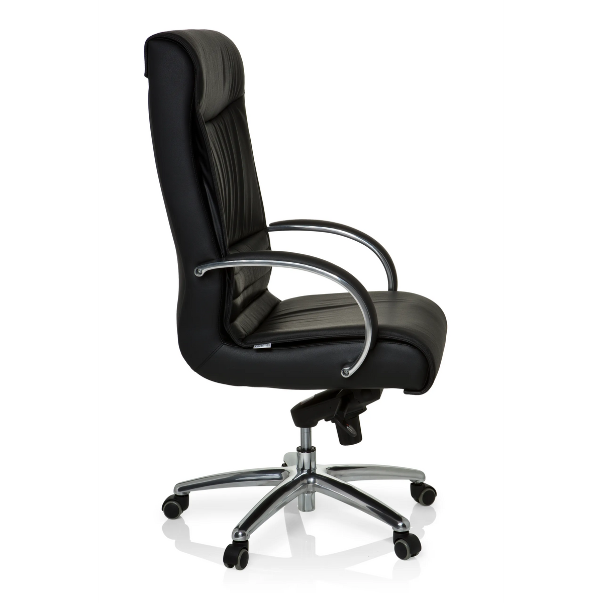 Musta pyörivä tuoli XXL F 400 nahasta, jossa on tähtijalka ja viisi pyörää, valmistaja hjh OFFICE – 360 asteen näkymä (sivuprofiili 80°)