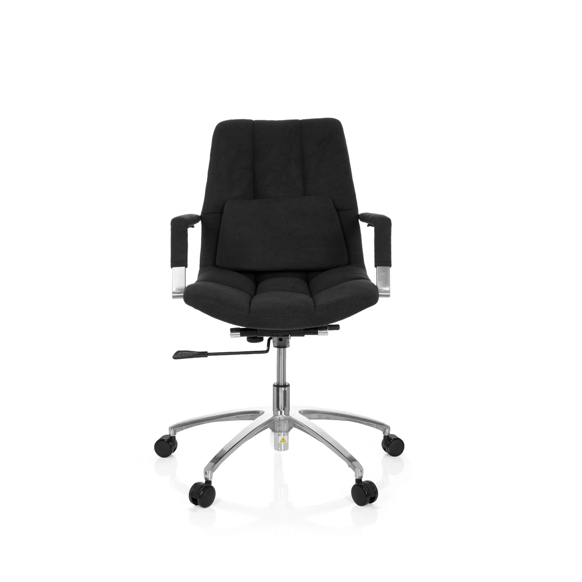 Musta SARANTO Home Office -toimistotuoli kangasverhoilulla, käsinojilla ja viisijalkaisella rullajalustalla, valmistaja hjh OFFICE