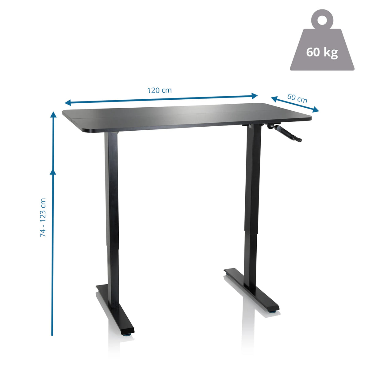 Seisomatyöpöytä STAND CR mittojen piirustus, 120 x 60 cm ja 60 kg:n kantokyky, valmistaja hjh OFFICE