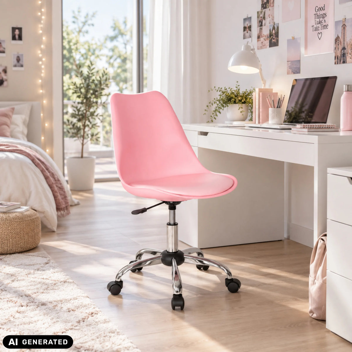 Vaaleanpunainen Home Office -toimistotuoli FANCY PRO, jossa on kiiltävä metallinen tähtijalka, valmistaja hjh OFFICE