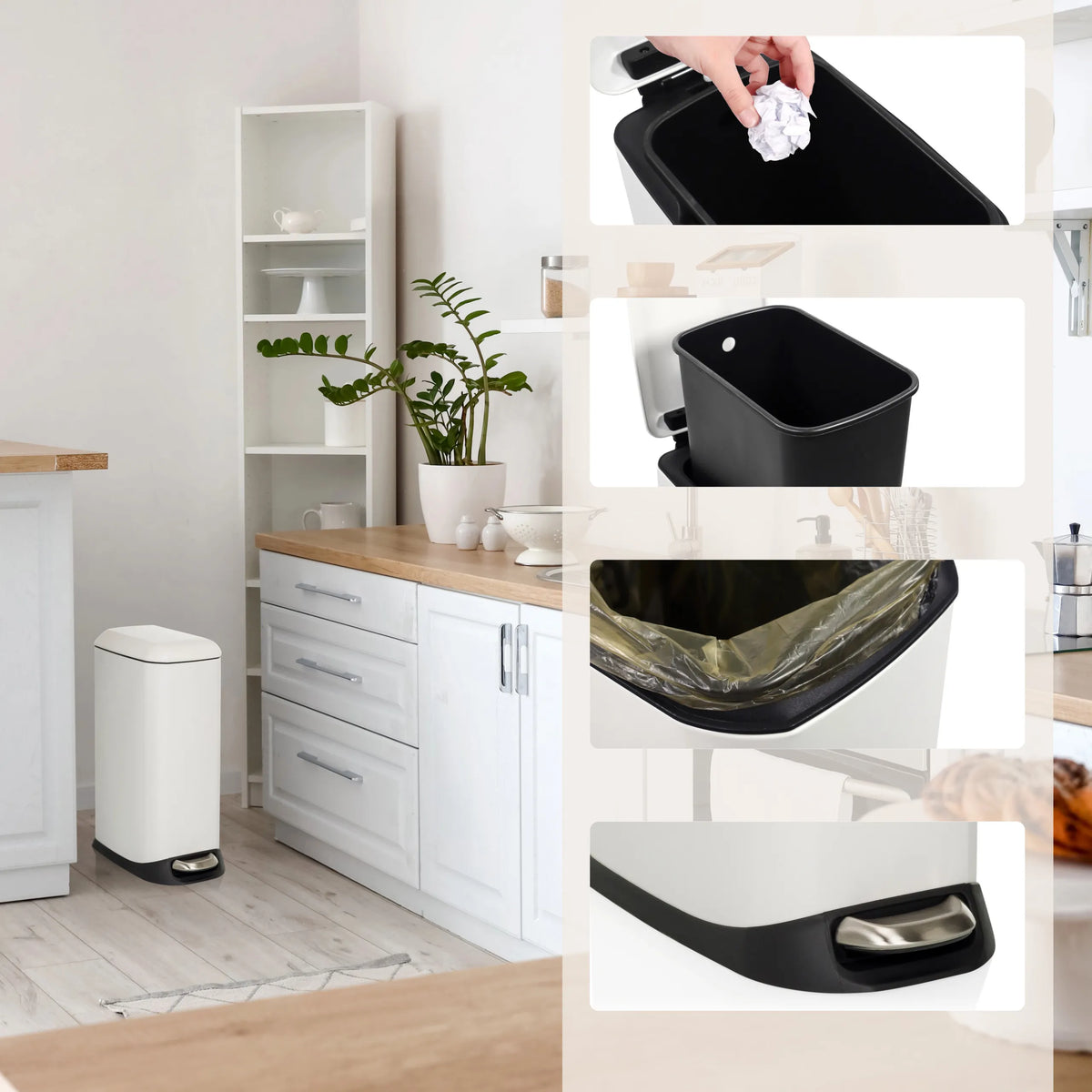Valkoinen roskakori CLEAN SLIM, jossa on musta sisäastia, jätesäkki ja poljin, valmistaja hjh OFFICE