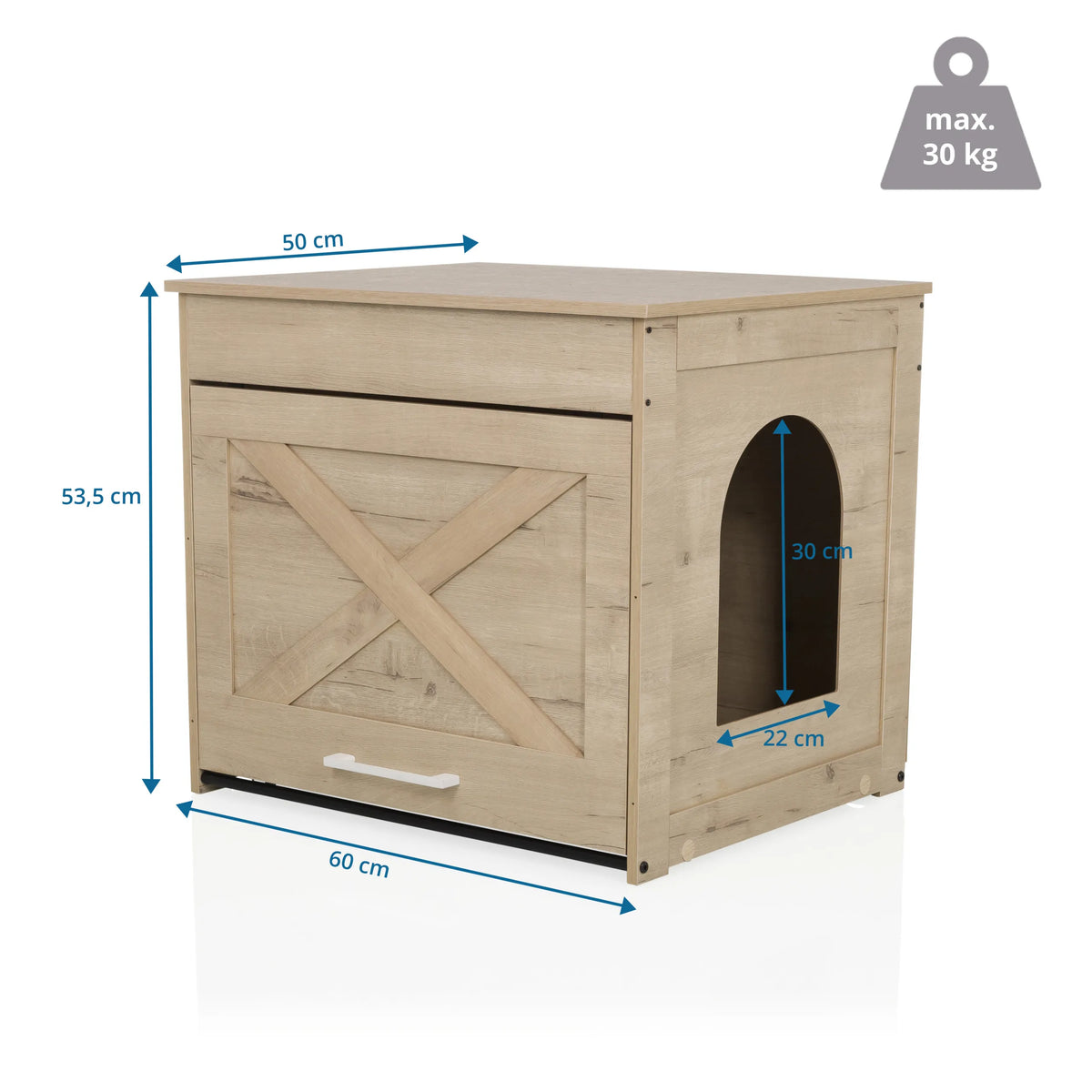 Kissanmaja KITTY PAWBOX 1 mittapiirros, tammifinisointi, 60 × 50 cm, valmistaja hjh LIVING