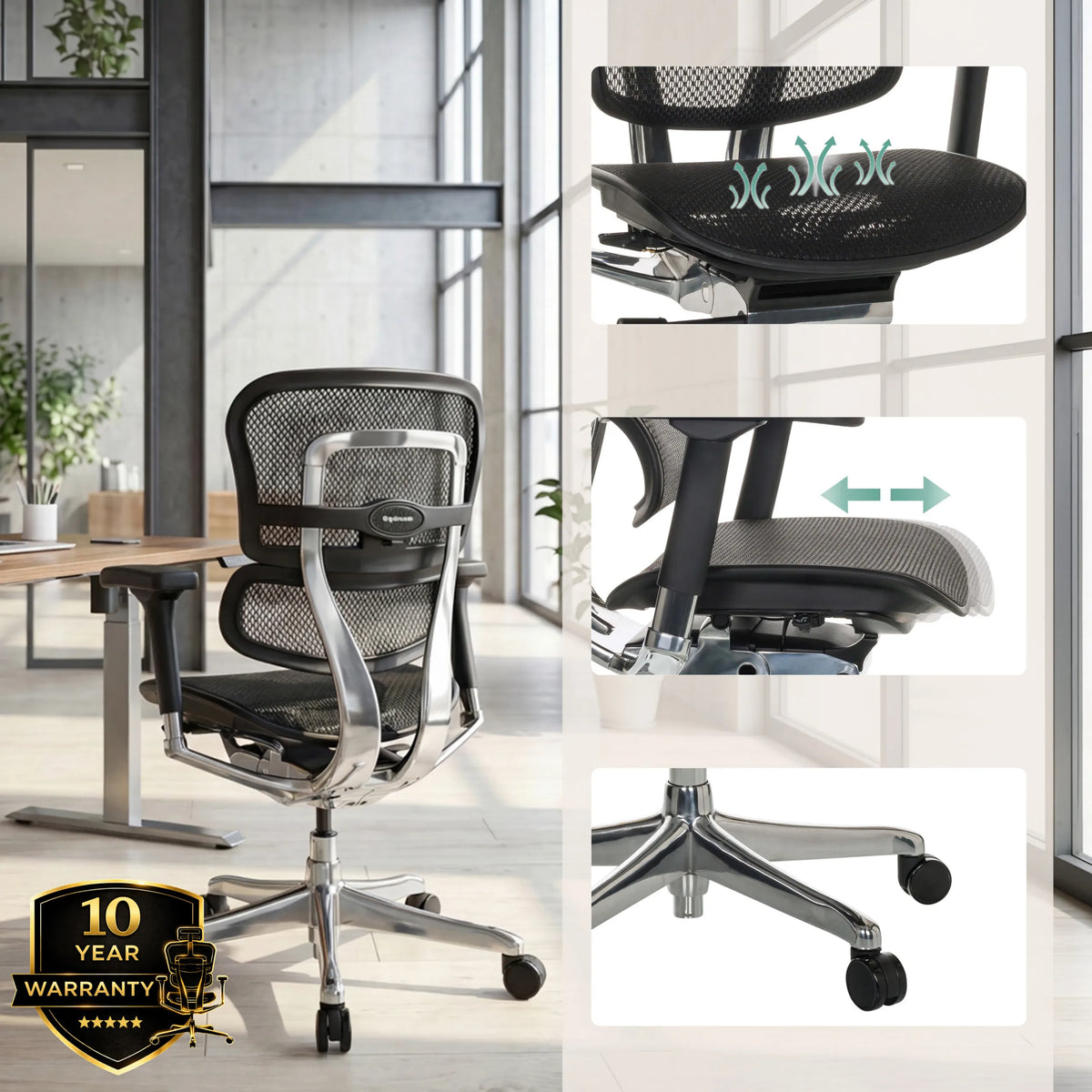 Luksustoimistotuoli ERGOHUMAN BASE GEN2 verkkoverhoilulla ja säädettävällä istuimella, valmistaja hjh OFFICE (tekoälyllä luotu kuva)