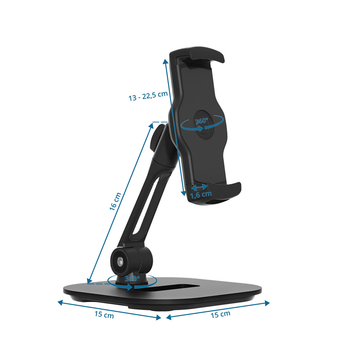 Matkapuhelimen & tabletin pidike FLEXMOBI IV mittapiirros, 15 × 15 cm jalusta, valmistaja hjh OFFICE