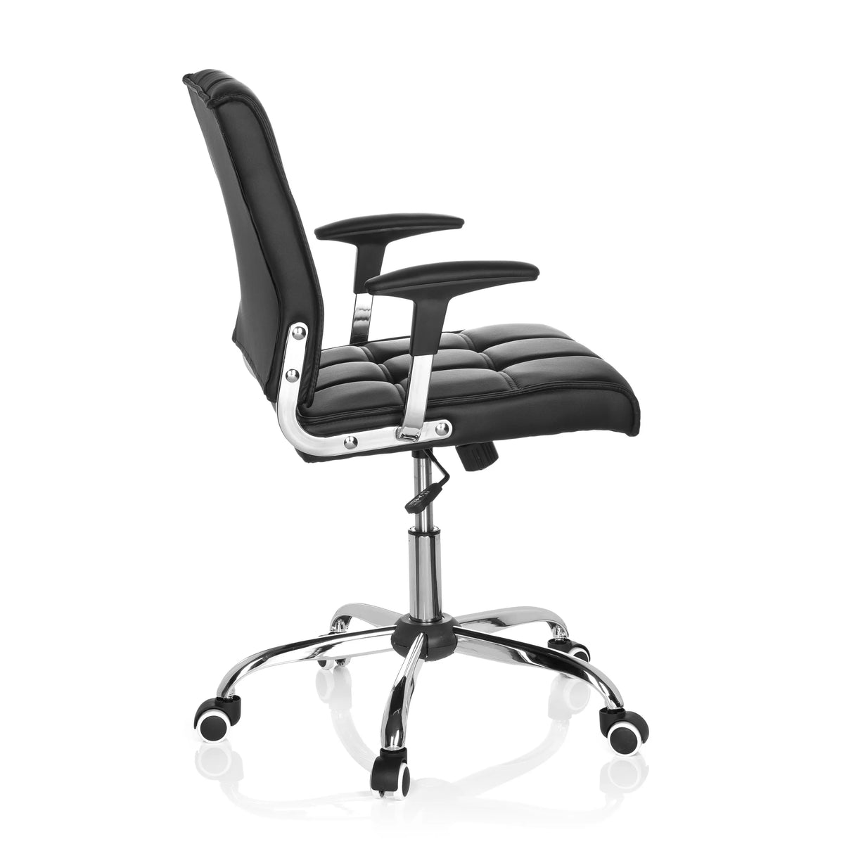 Musta Home Office -toimistotuoli ERNESTO tikkauspehmusteella ja viisisakaraisella rullajalalla, valmistaja hjh OFFICE – 360 asteen näkymä (sivuprofiili 100°)