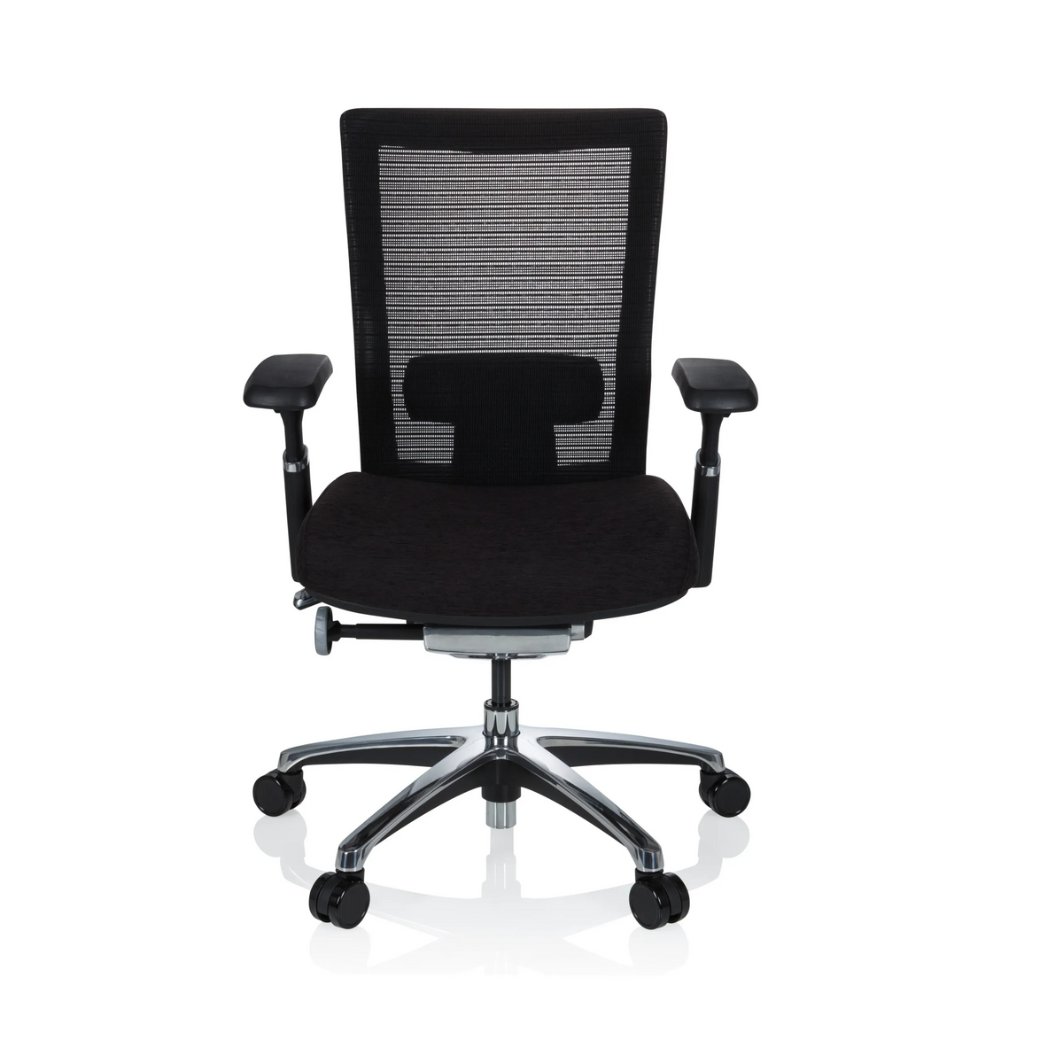 Musta High End -toimistotuoli NOVA PRO ALU verkkoselkänojalla ja viisijalkaisella rullajalustalla, valmistaja hjh OFFICE – 360 asteen näkymä (etunäkymä 0°)