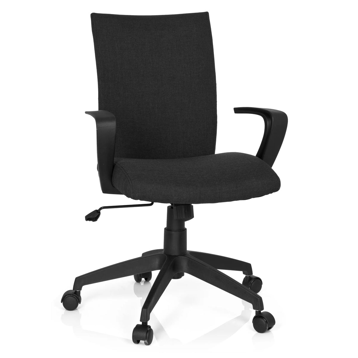 Musta Home Office -toimistotuoli SOFT käsinojilla ja viisipyöräisellä jalustalla, valmistaja hjh OFFICE – 360 asteen näkymä (etunäkymä 20°)