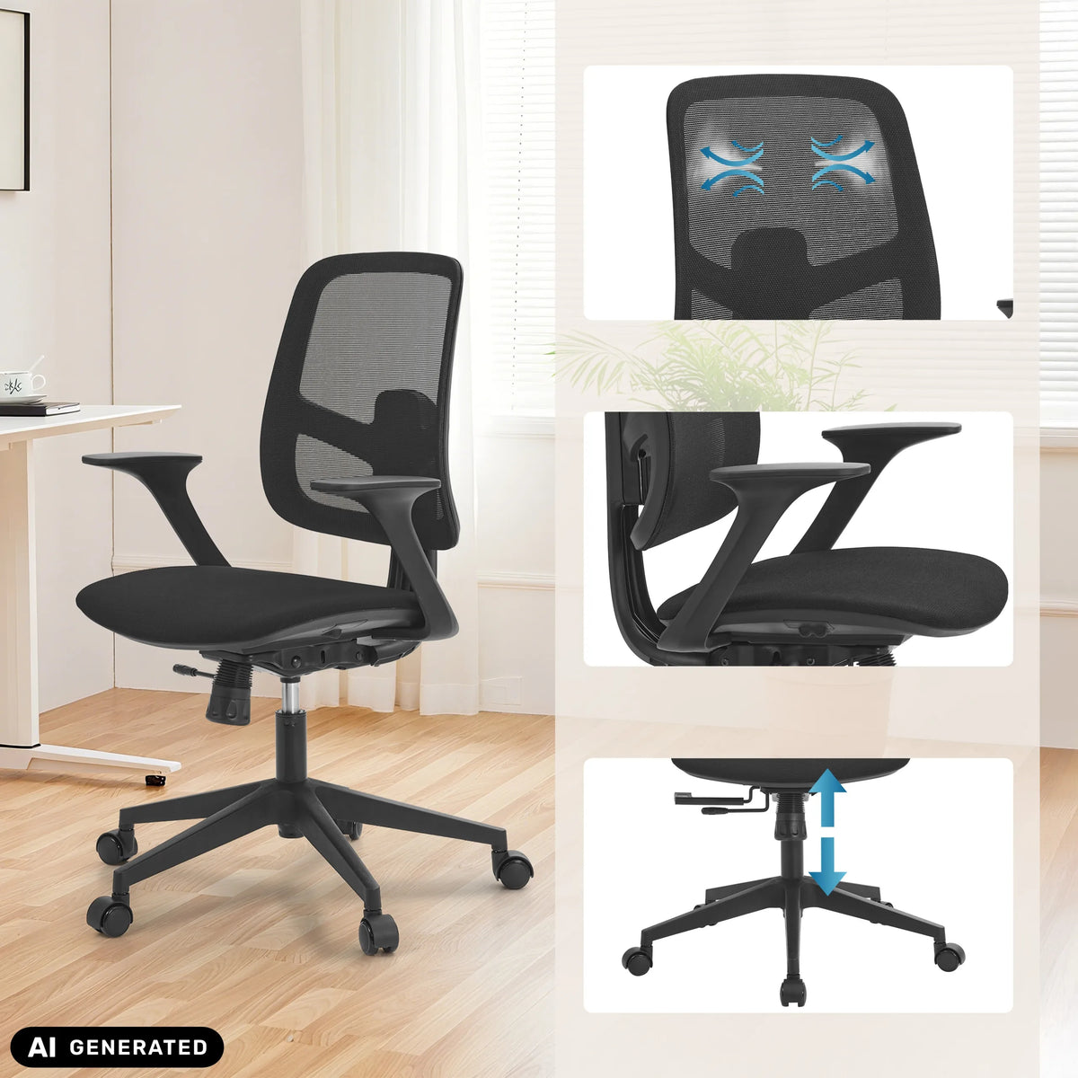 Home Office -toimistotuoli Malio mustana verkkoselkänojan ja säädettävän jalkaristikon kera, valmistaja hjh OFFICE (tekoälyllä luotu kuva)