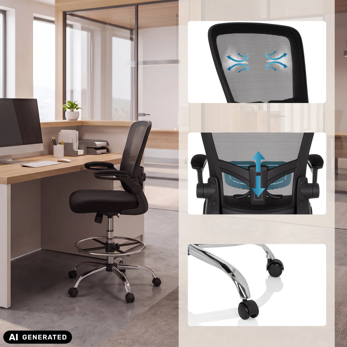 Korkea työtuoli VENDO WORK mustana, yksityiskohdilla selkänojasta ja pyöristä, valmistaja hjh OFFICE (tekoälyllä luotu kuva)