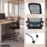Korkea työtuoli VENDO WORK mustana, yksityiskohdilla selkänojasta ja pyöristä, valmistaja hjh OFFICE (tekoälyllä luotu kuva)