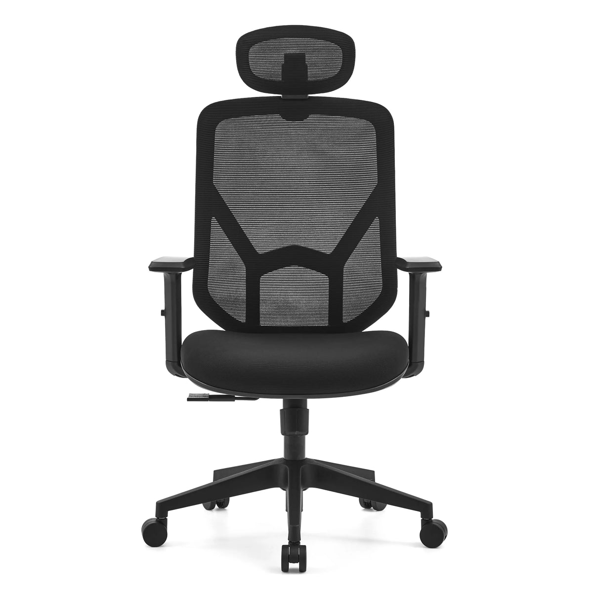 Musta Home Office -toimistotuoli BLACORE verkkoselkänojalla, niskatuella ja viisipaiskaisella jalustalla, valmistaja MyBuero – 360 asteen näkymä (etunäkymä 0°)