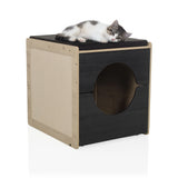 Kissanmaja KITTY PAWBOX 2 värissä musta ja tammi, katolla makaava kissa, valmistaja hjh LIVING
