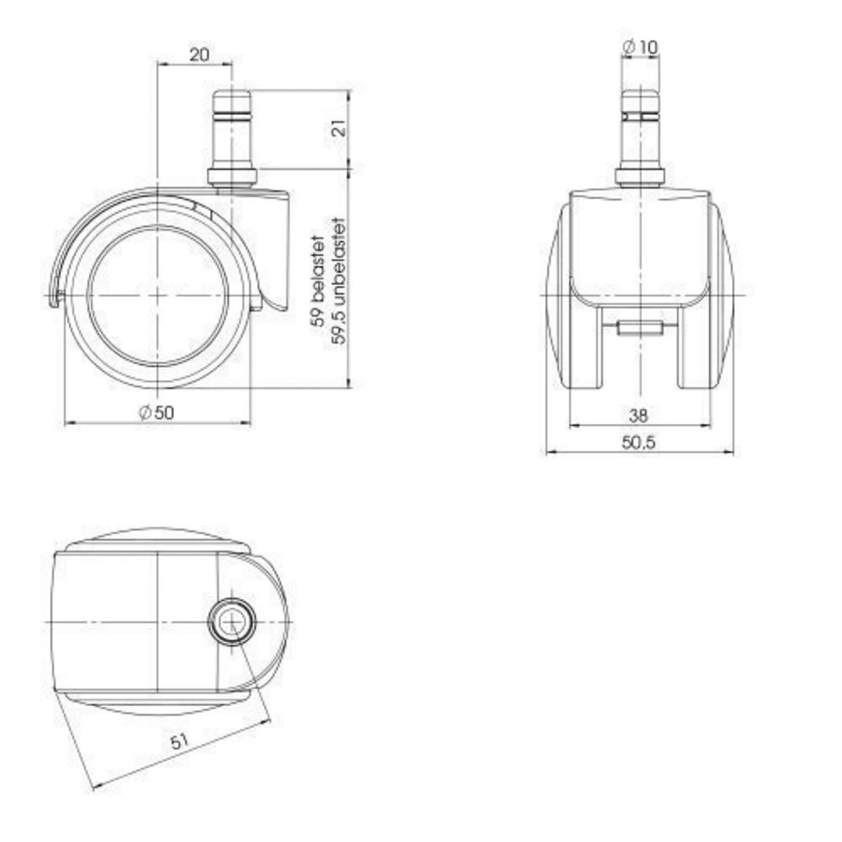 Tuolin rulla 5x ROLO EASY 10mm/50mm tekninen piirustus, halkaisija 50 mm, valmistaja hjh OFFICE