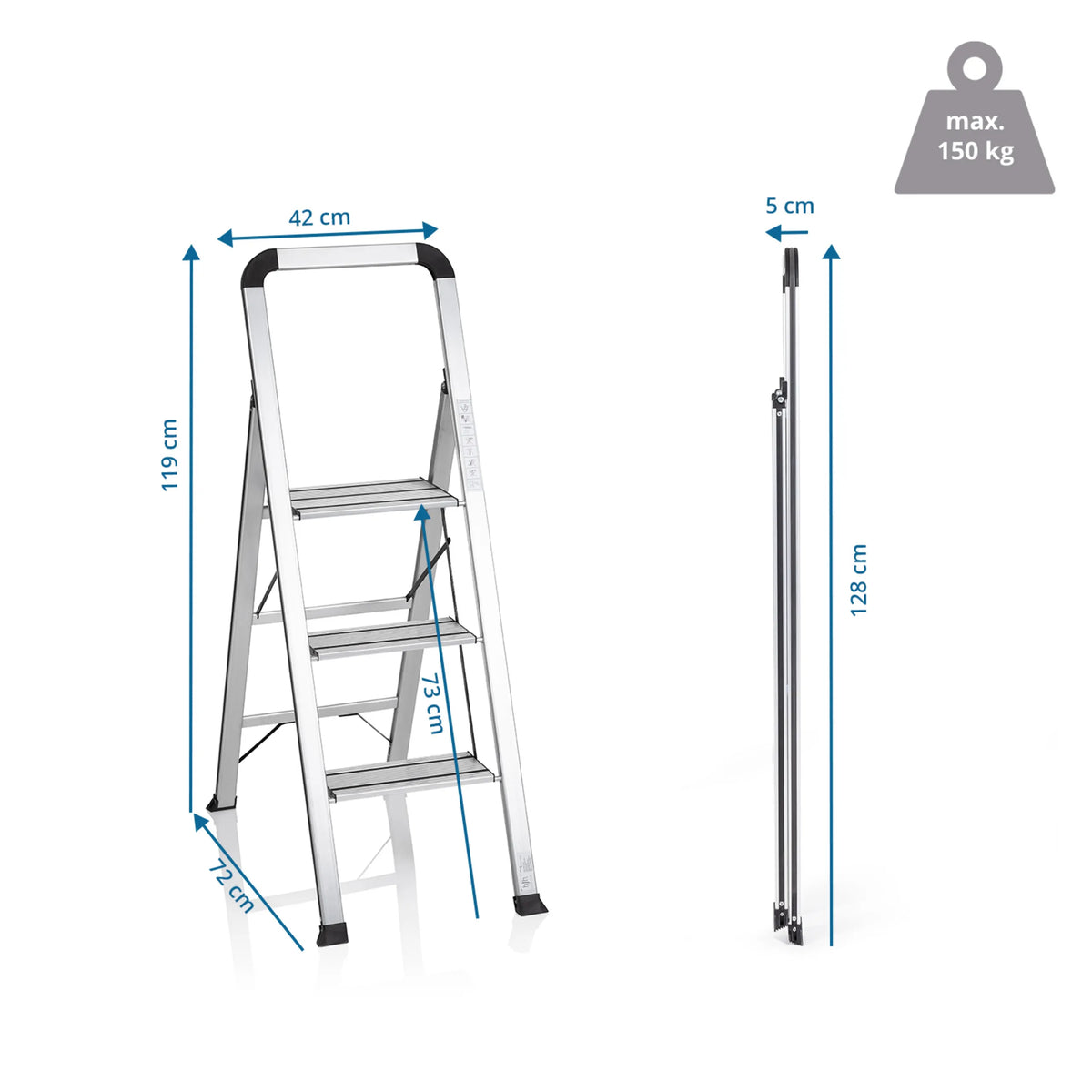 Taitettavat tikkaat SOLID V mittapiirros, korkeus 119 cm ja leveys 42 cm, valmistaja hjh OFFICE