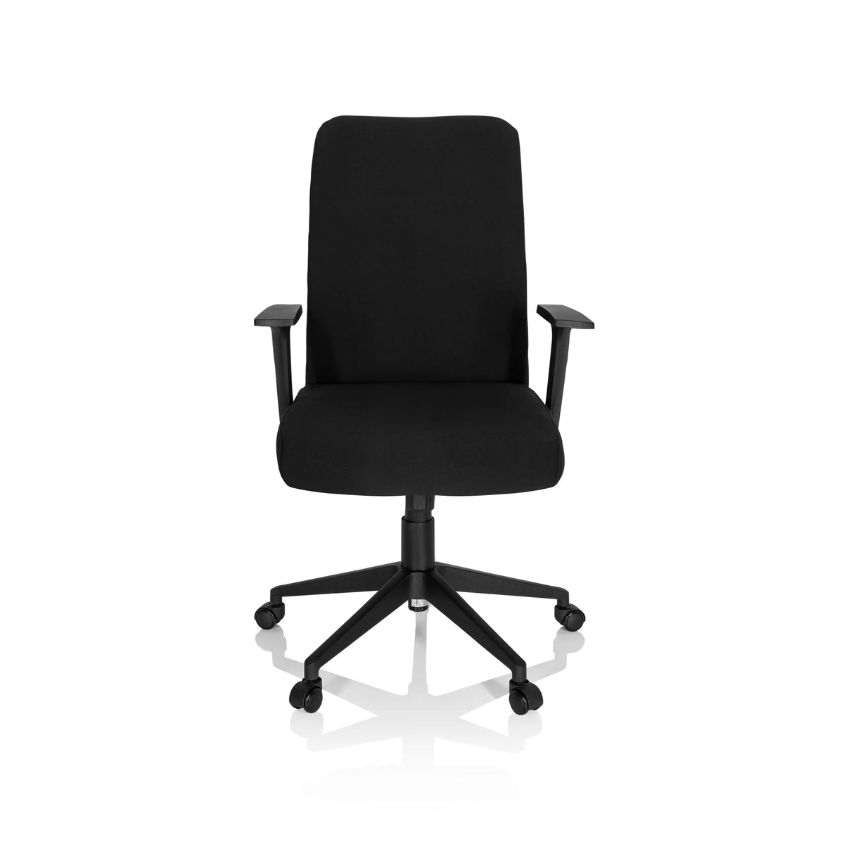 Musta Home Office -toimistotuoli COSIO I käsinojilla ja viisipyöräisellä jalustalla, valmistaja hjh OFFICE – 360 asteen näkymä (etunäkymä 0°)