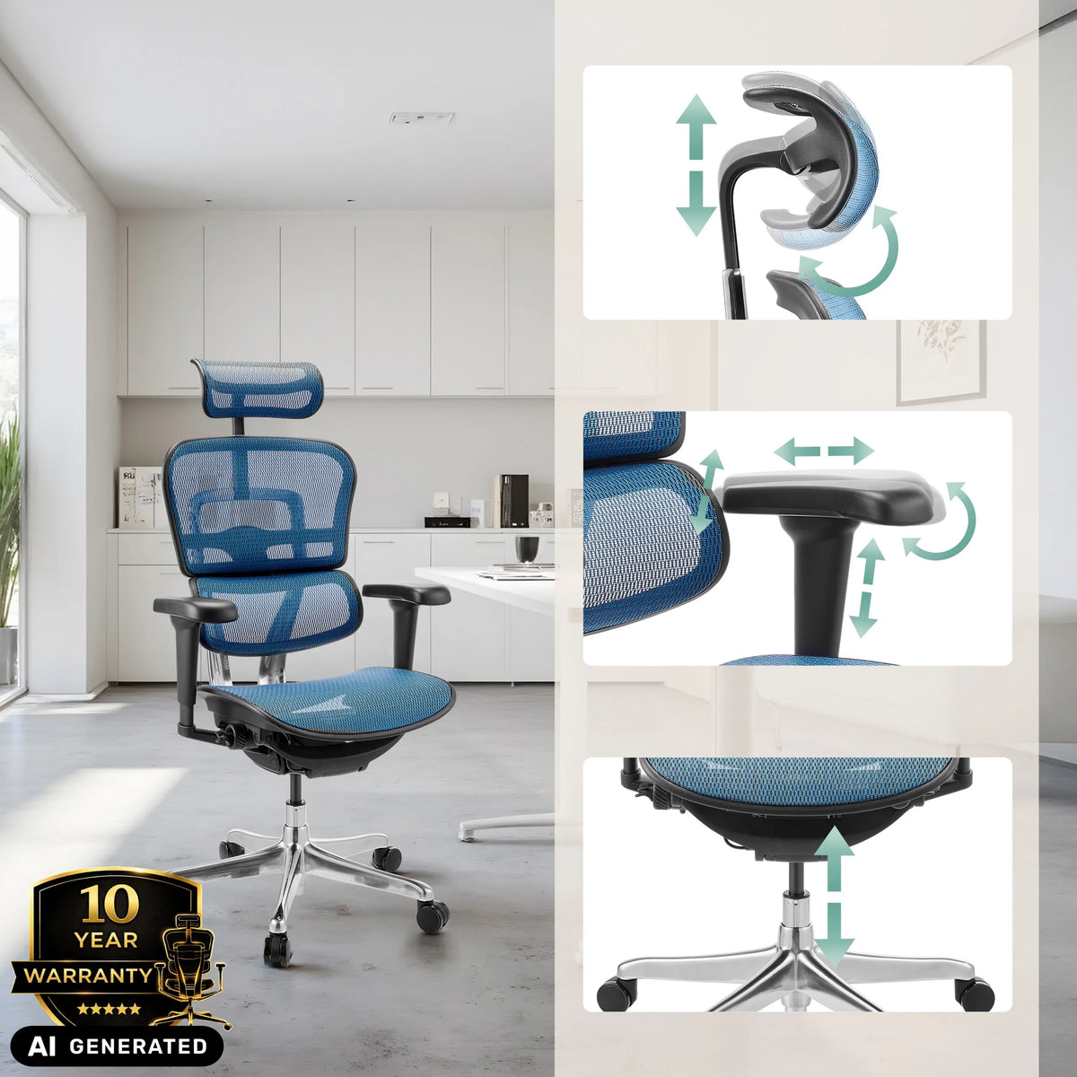 Sininen luksustoimistotuoli ERGOHUMAN ULTRA GEN2 säädettävällä niskatuella ja käsinojilla, valmistaja hjh OFFICE (tekoälyllä luotu kuva)