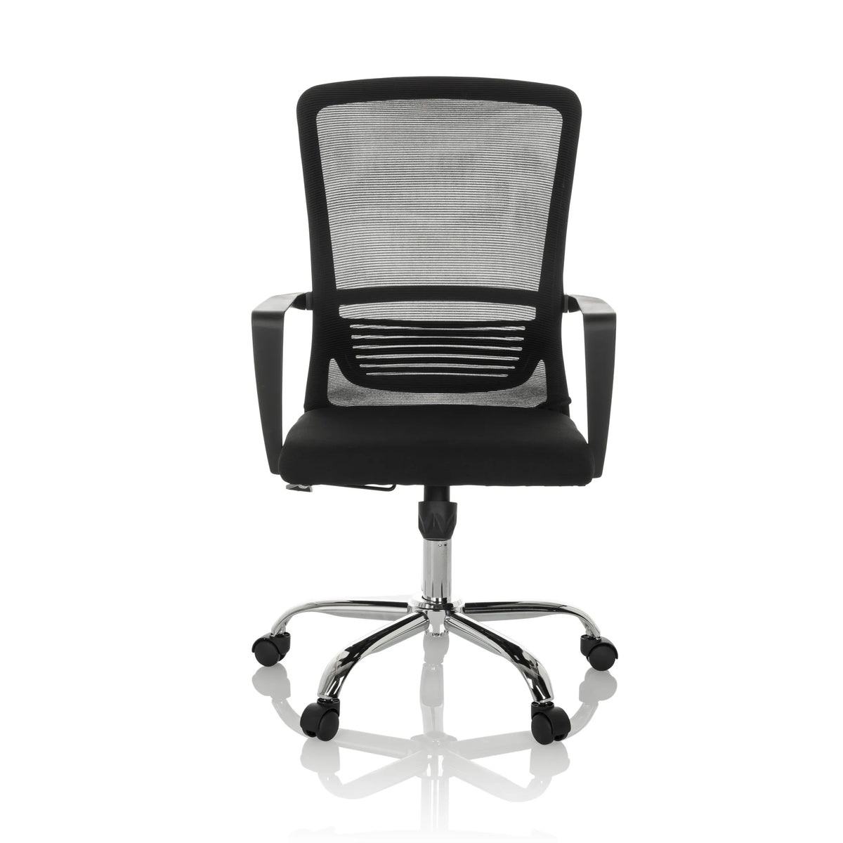 Musta Home Office -toimistotuoli STAR-TEC S verkkoselkänojalla ja viisijalkaisella rullajalustalla, valmistaja hjh OFFICE – 360 asteen näkymä (etunäkymä 0°)