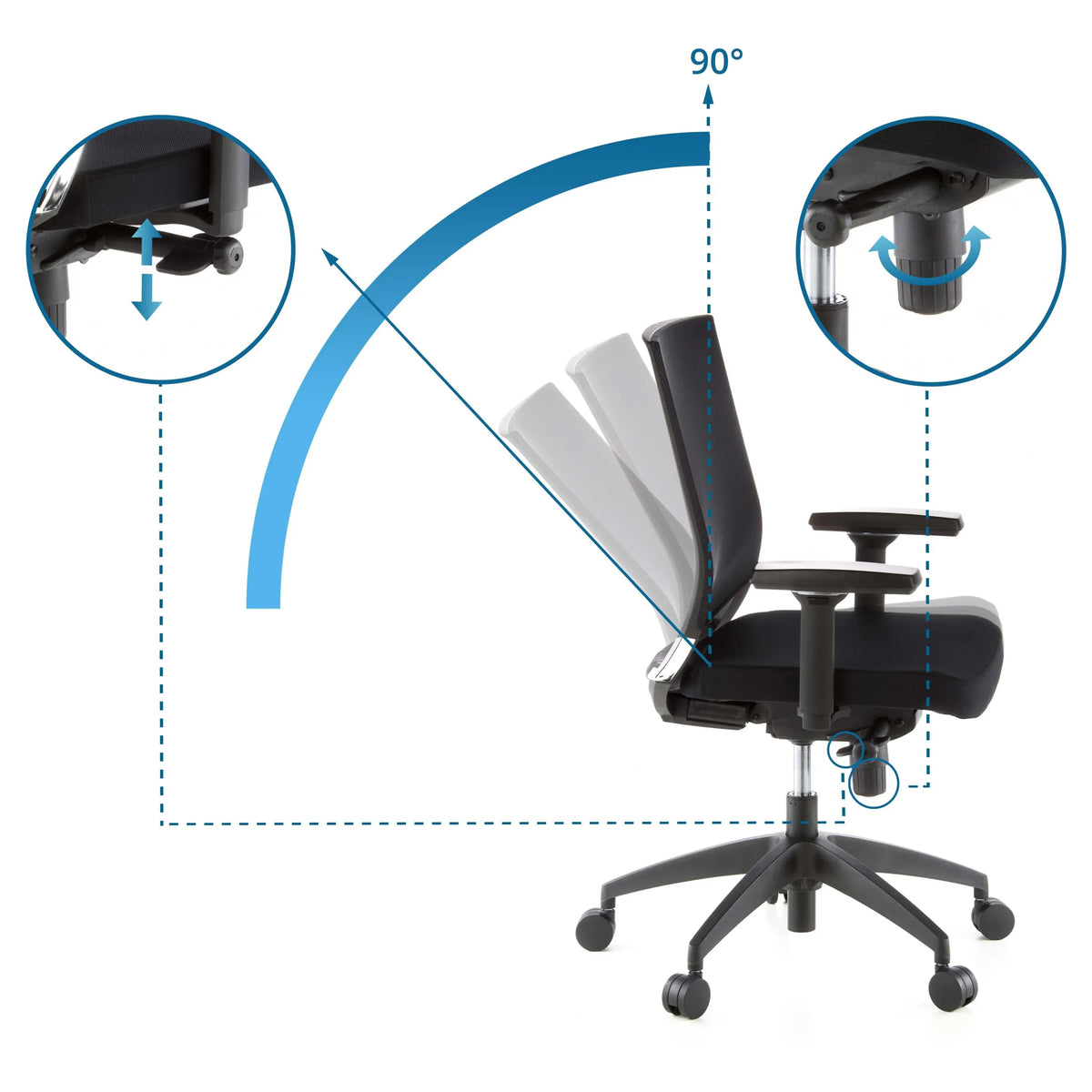 Ammattitason toimistotuolin PORTO BASE säädettävä selkänoja, jonka kallistuskulma on 90°, valmistaja hjh OFFICE