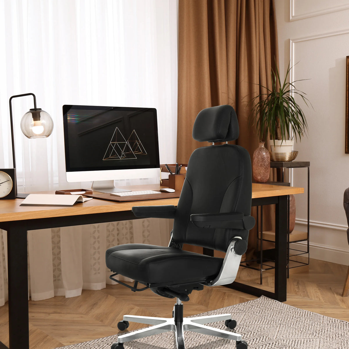 Musta XXL pyörivä tuoli 24 HOURS F nahasta, jossa on niskatuki ja käsinojat, valmistaja hjh OFFICE