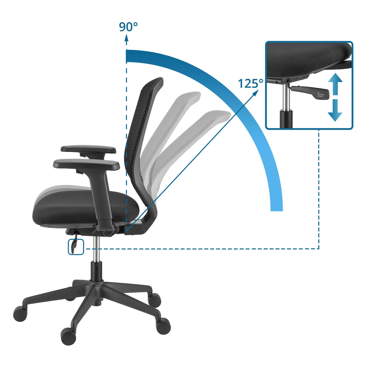 Ammattitason toimistotuoli Delvia-tuolin säädettävä selkänojan kulma 90°–125°, valmistaja hjh OFFICE