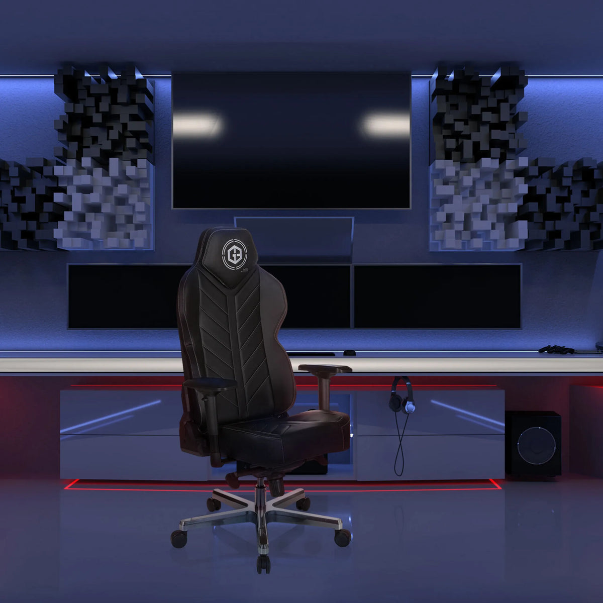 Musta Pelituoli GAMEBREAKER COLOSSUS, jossa on logo päänojassa ja käsinojissa, valmistaja hjh OFFICE