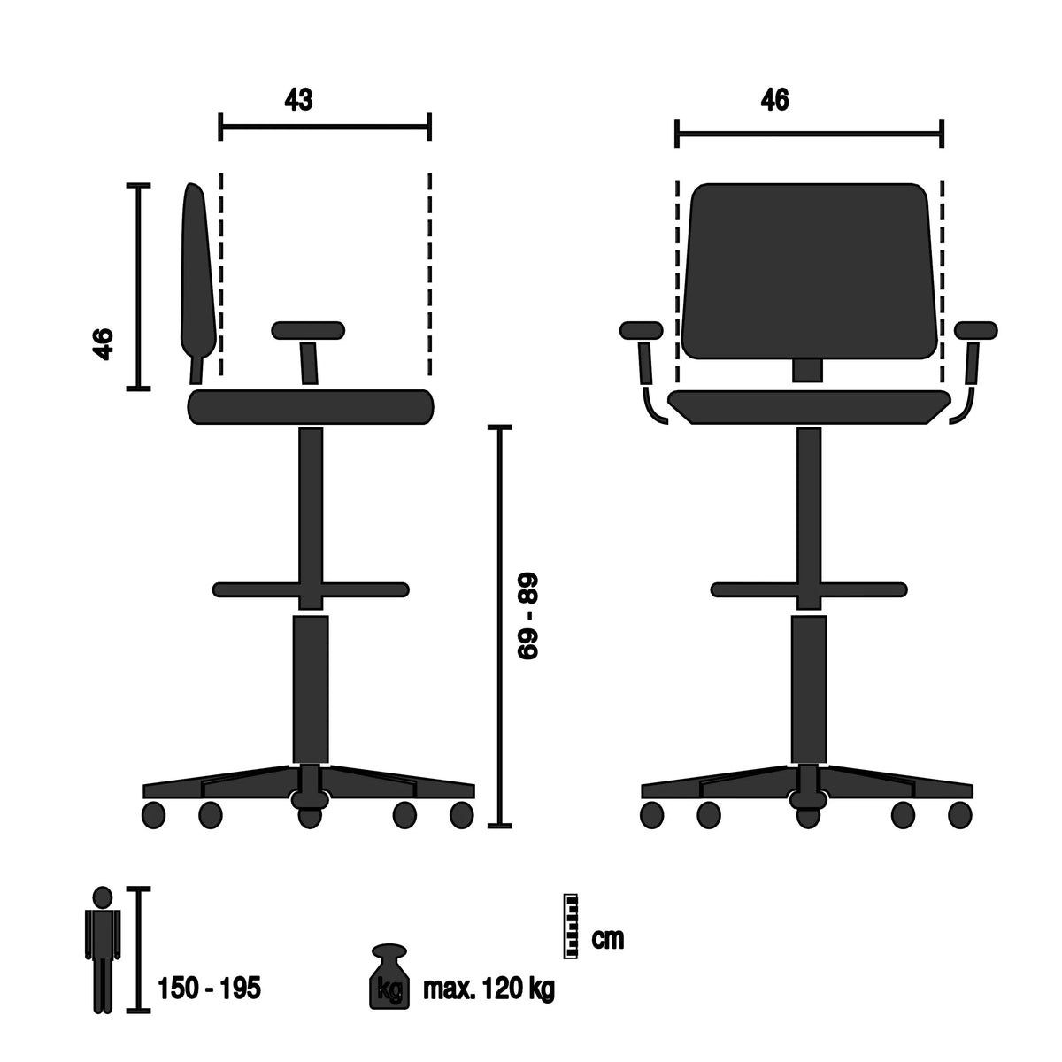 Korkea työtuoli TOP WORK 108 W tekninen piirustus, istuinkorkeus 69–89 cm, valmistaja hjh OFFICE