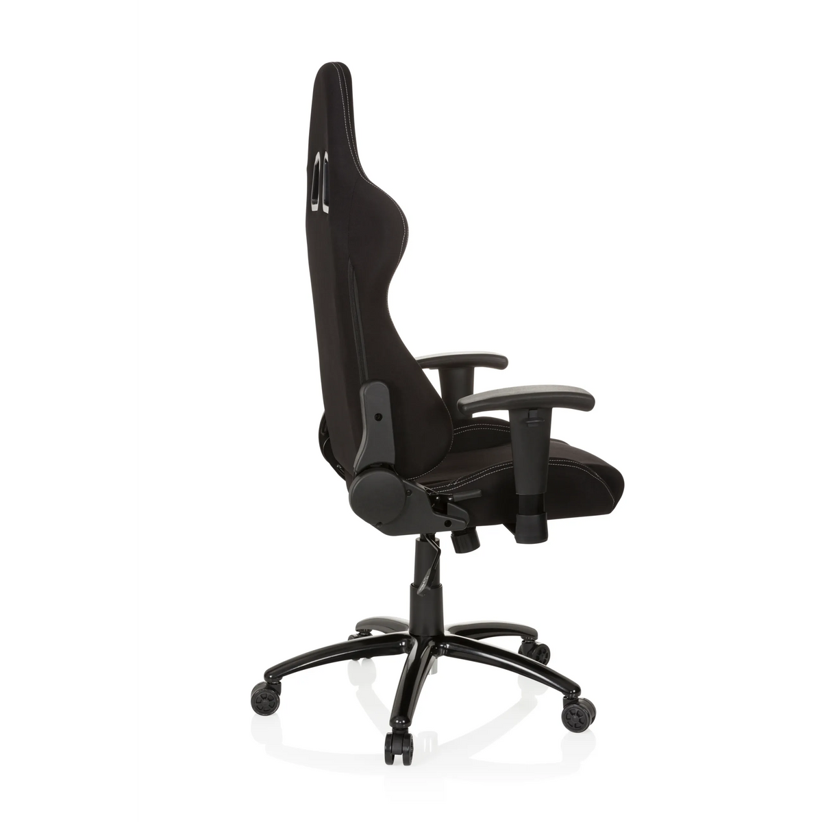 Musta Pelituoli GAME FORCE niskatuella, käsinojilla ja viisipisteisellä rullajalustalla, valmistaja hjh OFFICE – 360 asteen näkymä (sivuprofiili 100°)