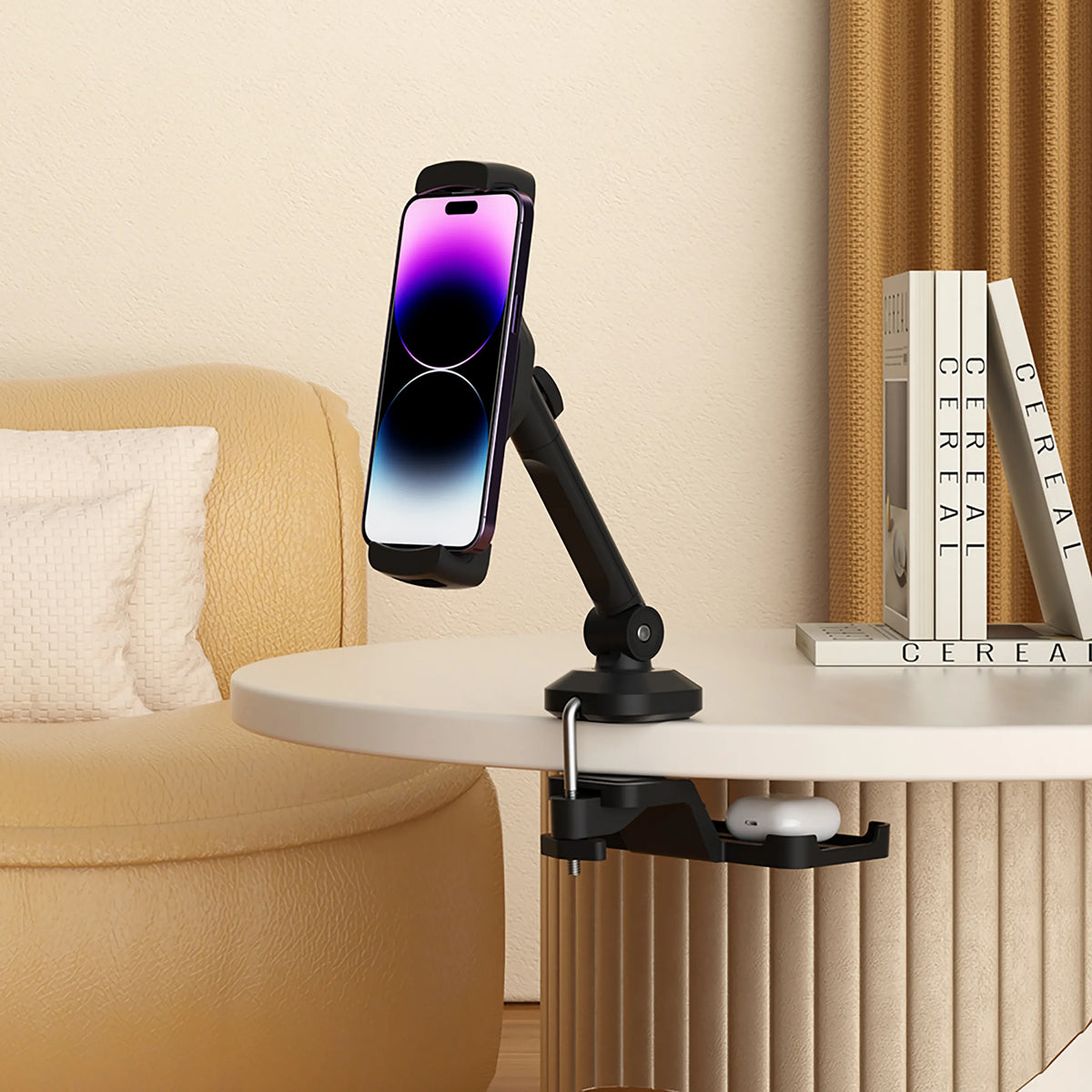 Musta matkapuhelimen & tabletin pidike FLEXMOBI III, jossa on joustava puristin ja alusta, valmistaja hjh OFFICE