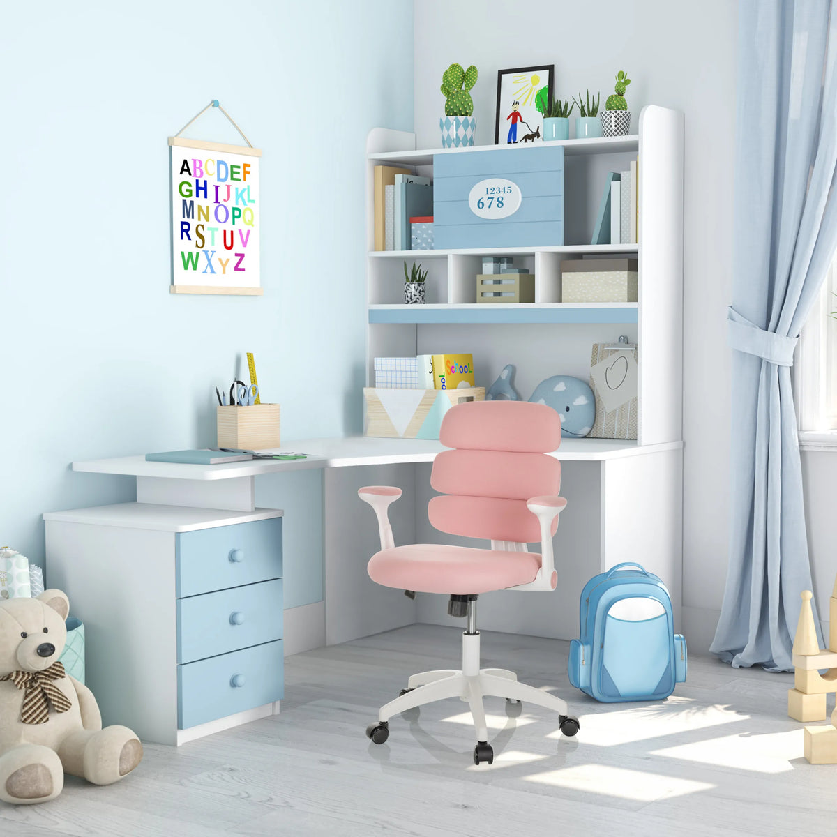 Vaaleanpunainen Lasten pyörivä tuoli KID ERGOLINO W käsinojilla ja valkoisella jalustalla, valmistaja hjh OFFICE
