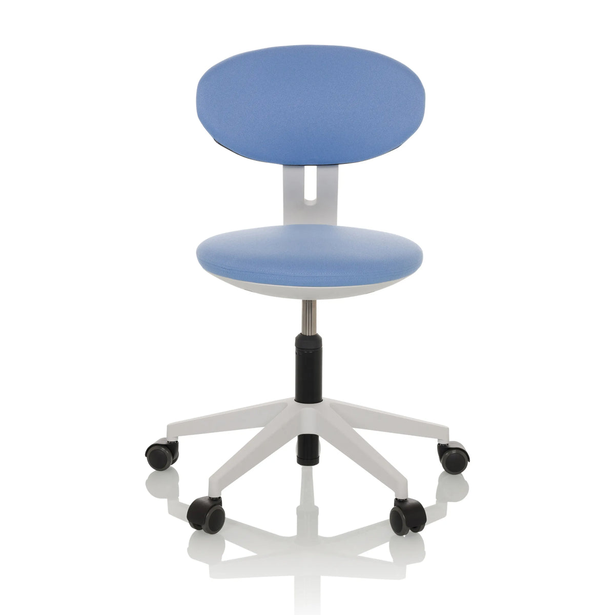 Blauer Kinderdrehstuhl MINIMOVO mit weißem Fußkreuz und fünf Rollen von hjh OFFICE – 360-Grad-Ansicht (Frontansicht 0°)