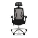 Musta High End -toimistotuoli INSPERO verkkoselkänojalla, niskatuella ja viisipolvella rullilla, valmistaja hjh OFFICE – 360 asteen näkymä (etunäkymä 0°)