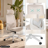 Beige Home Office -toimistotuoli MIKEO W, jossa on verkkoselkänoja ja niskatuki, työpöydän ääressä, valmistaja hjh OFFICE