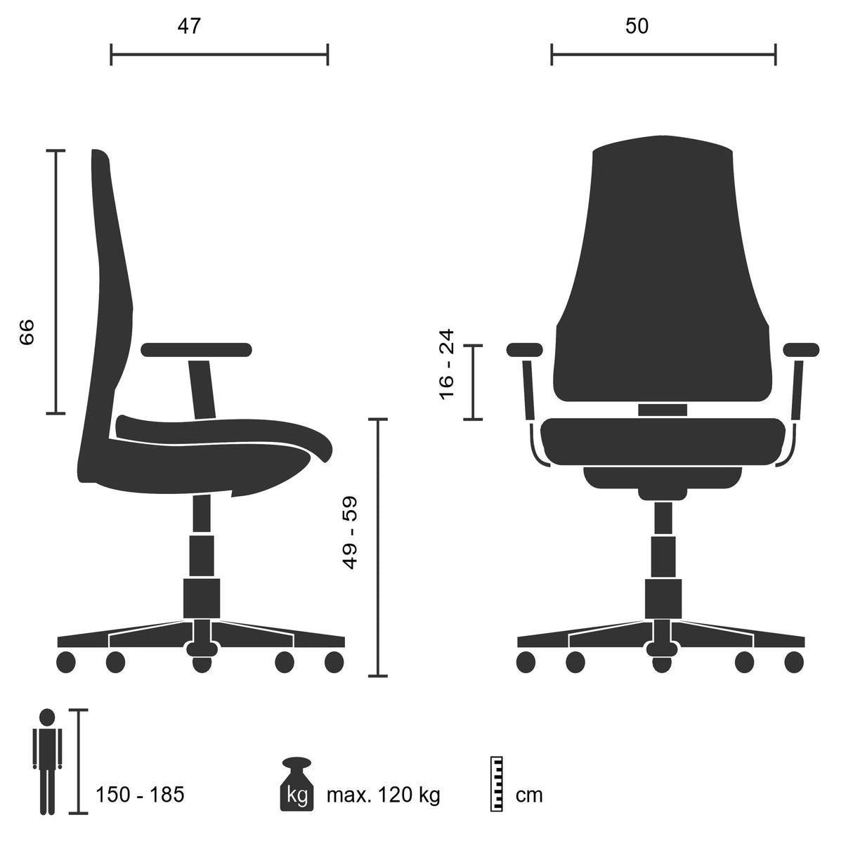 Home Office -toimistotuoli ARTON 30 tekninen piirustus, maksimikuormitus 120 kg, valmistaja hjh OFFICE