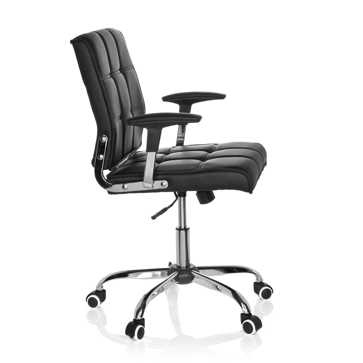 Musta Home Office -toimistotuoli ERNESTO tikkauspehmusteella ja viisisakaraisella rullajalalla, valmistaja hjh OFFICE – 360 asteen näkymä (sivuprofiili 80°)