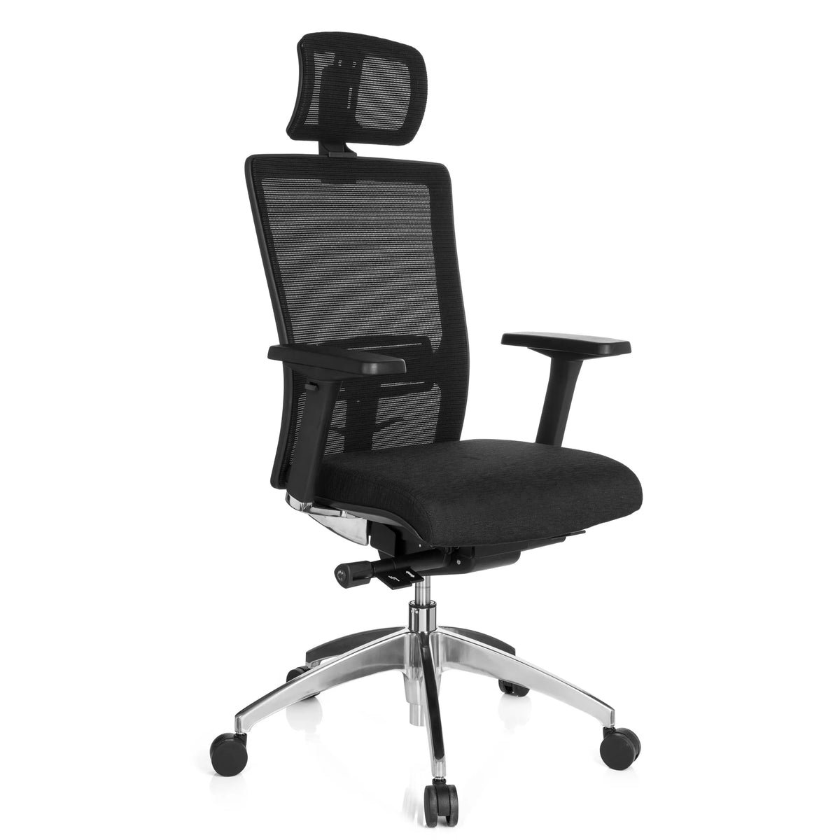 Musta Ammattitason toimistotuoli ASTRA LUX verkkoselkänojan, niskatuen ja viisipisteisen rullajalustan kera, valmistaja hjh OFFICE – 360 asteen näkymä (etuviistonäkymä 40°)