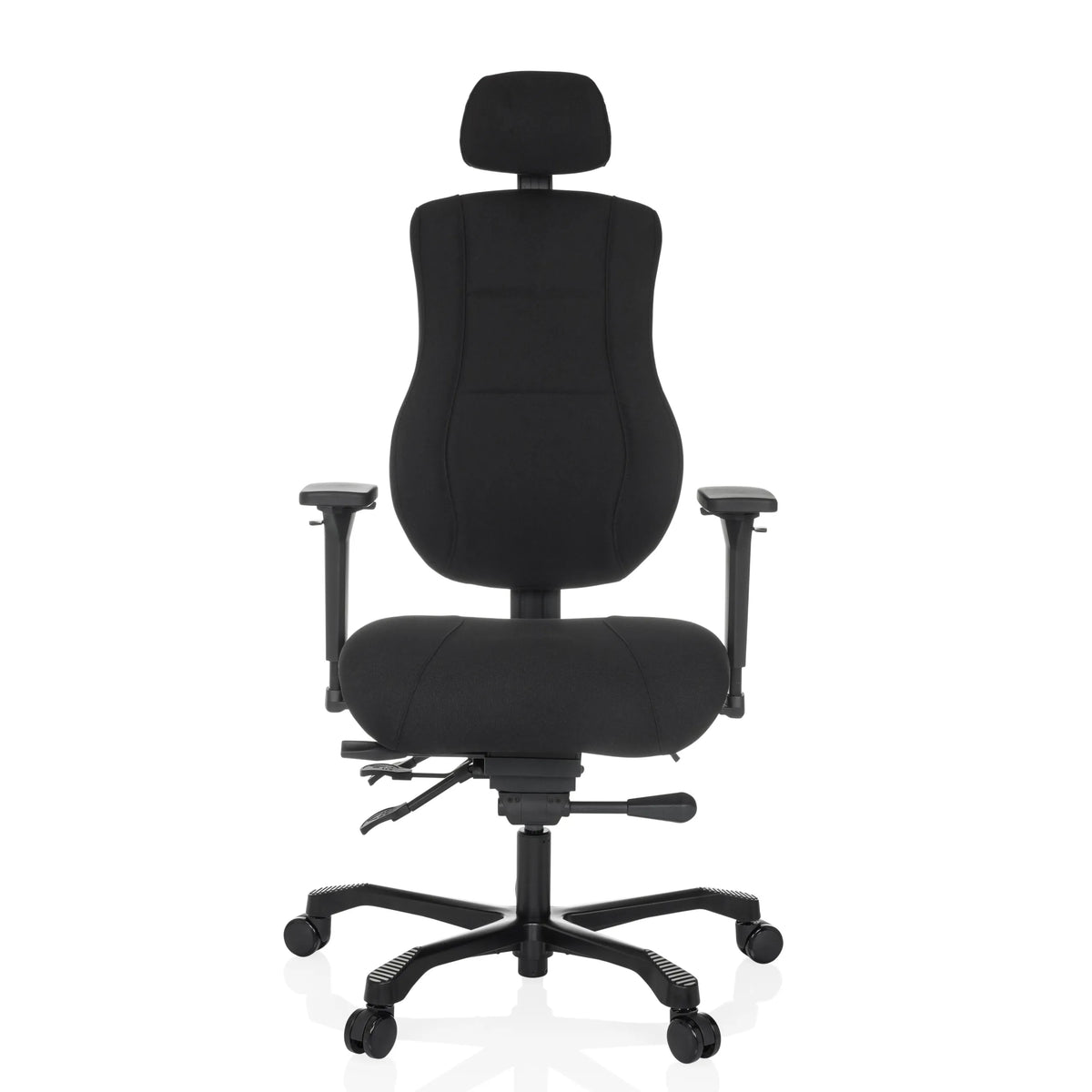 Musta XXL pyörivä tuoli 24 HOURS BASIC niskatuella ja viisipisteisellä rullajalustalla, valmistaja hjh OFFICE – 360 asteen näkymä (etunäkymä 0°)
