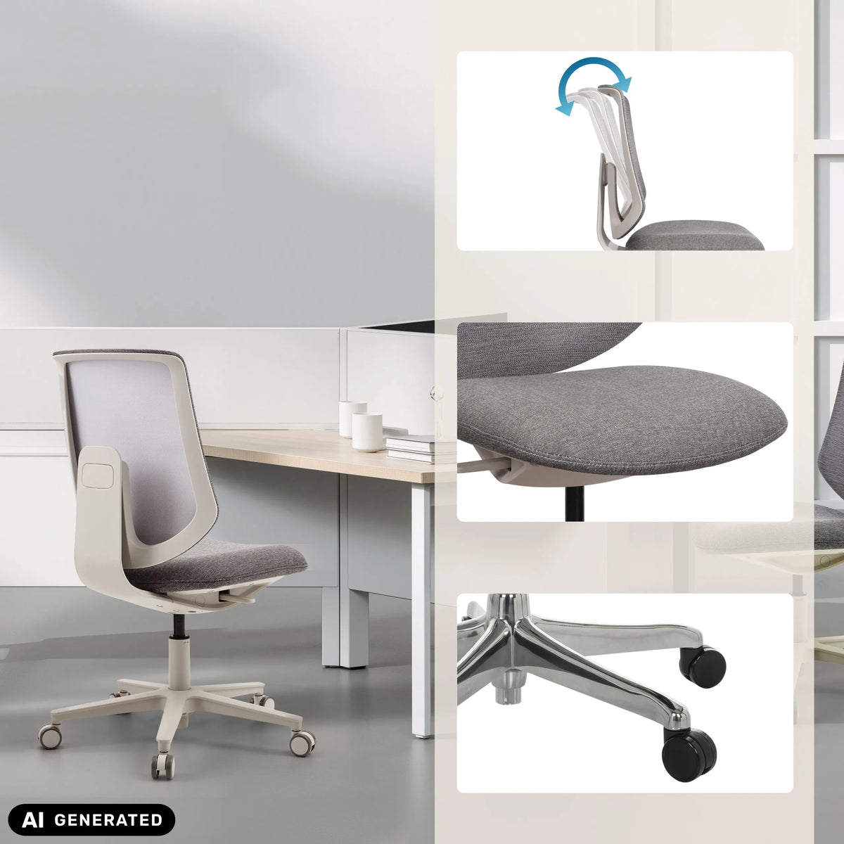 Harmaa Home Office -toimistotuoli Sitflex Lady, yksityiskohdat selkänojasta, istuimesta ja pyöristä, valmistaja hjh OFFICE (tekoälyllä luotu kuva)
