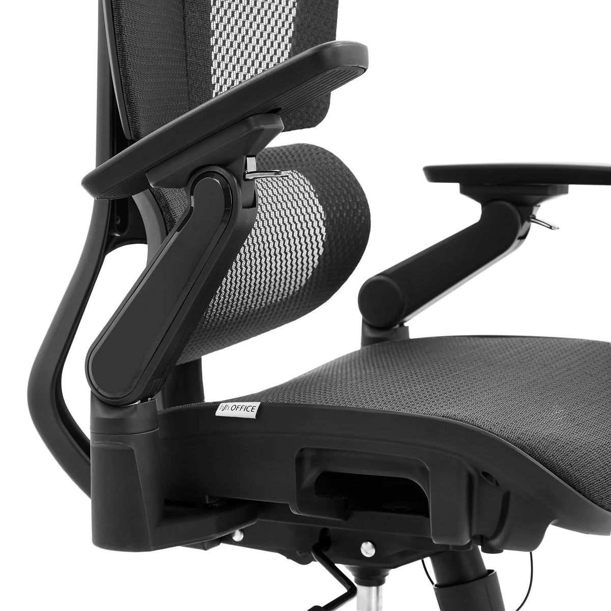 Ammattitason toimistotuolin Ergo U2 Pro3 säädettävä käsinoja ja verkkoselkänoja mustana, valmistaja hjh OFFICE