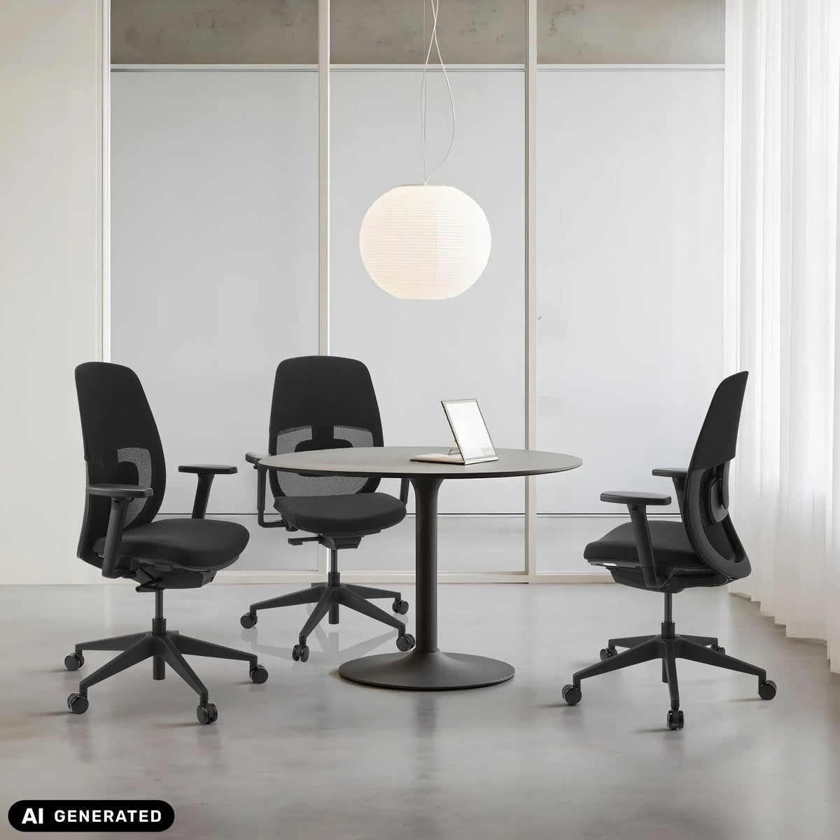 Kolme mustaa ammattitason toimistotuolia Skandis pyöreän pöydän ääressä, valmistaja hjh OFFICE (tekoälyllä luotu kuva)