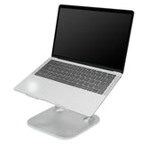 Hopeinen kannettavan tietokoneen alusta LAPTOP STAND ja sen päällä vinossa oleva kannettava tietokone, valmistaja hjh OFFICE