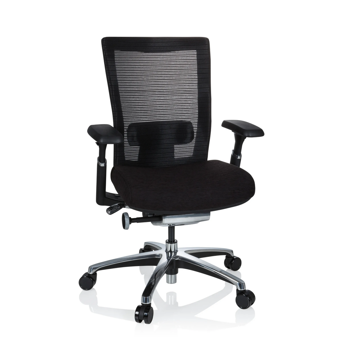 Musta High End -toimistotuoli NOVA PRO ALU verkkoselkänojalla ja viisijalkaisella rullajalustalla, valmistaja hjh OFFICE – 360 asteen näkymä (etunäkymä 20°)