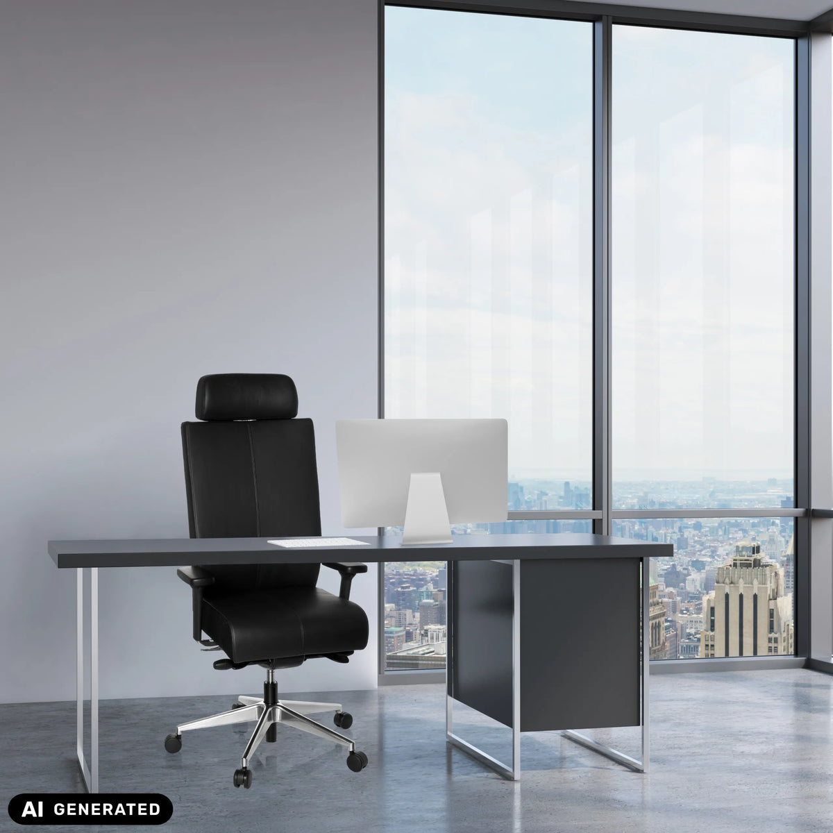 Musta nahkainen ammattitason toimistotuoli PRO-TEC XXL työpöydän ääressä, valmistaja hjh OFFICE (tekoälyllä luotu kuva)
