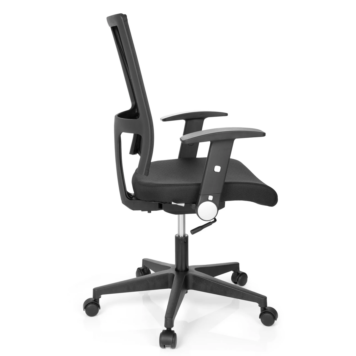 Musta Home Office -toimistotuoli OFFICE R8 verkkoselkänojalla ja viisisakaraisella jalustalla, valmistaja hjh OFFICE – 360 asteen näkymä (sivuprofiili 100°)