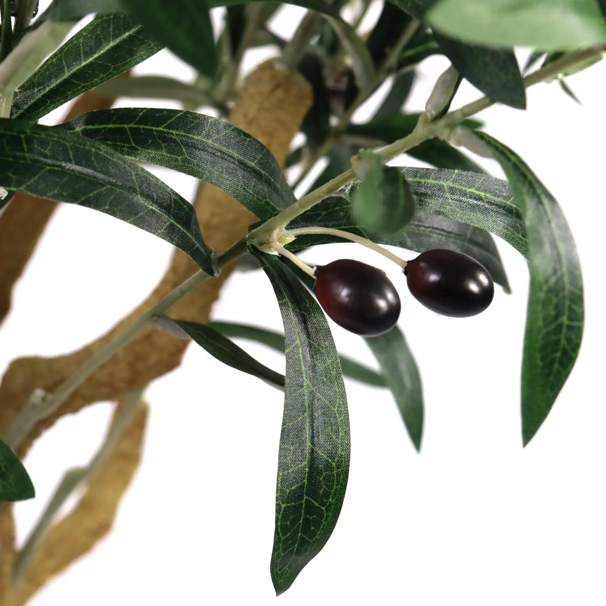 Kaksi tummaa oliivia oksalla, jossa on tekokasvin OLIVE II vihreitä lehtiä, valmistaja hjh OFFICE