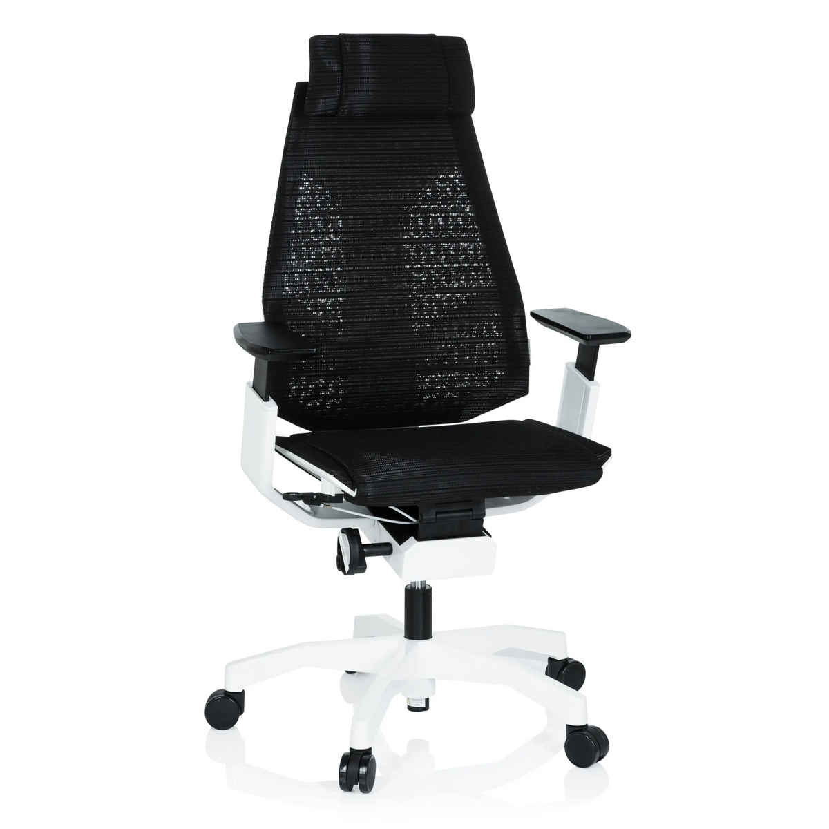 Musta High End -toimistotuoli GENIDIA PRO WHITE verkkoselkänojalla ja valkoisella viisipuuraisella jalustalla, valmistaja hjh OFFICE – 360 asteen näkymä (etunäkymä 20°)