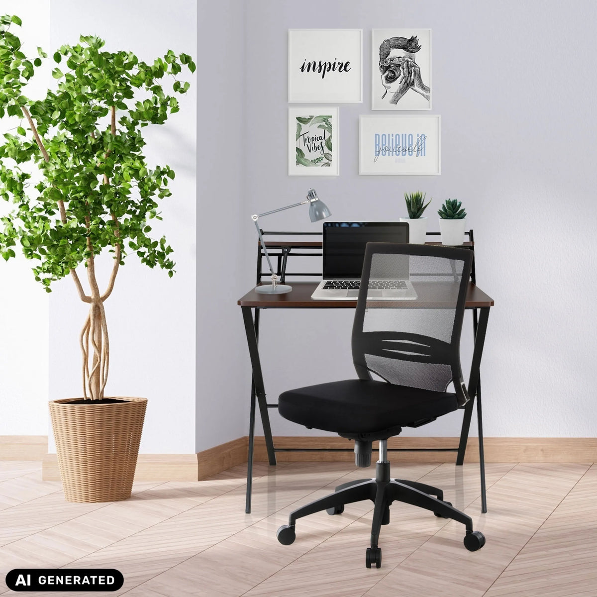 Musta ammattitason toimistotuoli PORTO PRO verkkoselkänojalla työpöydän ääressä, valmistaja hjh OFFICE (tekoälyllä luotu kuva)