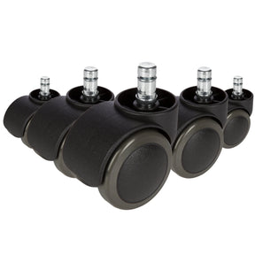 Viisi mustaa 5x ROLO 10mm/50mm Tuolin rulla koville lattioille, hopeanväriset tapit, valmistaja hjh OFFICE